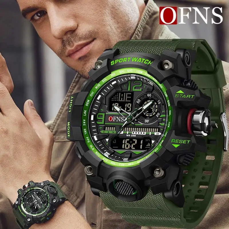 OFNS - Reloj de lujo estilo G para hombre, resistente al agua hasta 50 m, multifunción, deportivo, militar, de cuarzo, con LED digital