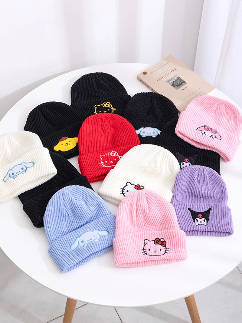 Hot Sale Saniro Hello Kitty Beanie Hat Women Cute Cartoon Cinnamoroll Melody Kuromi Winter Knitted Cap