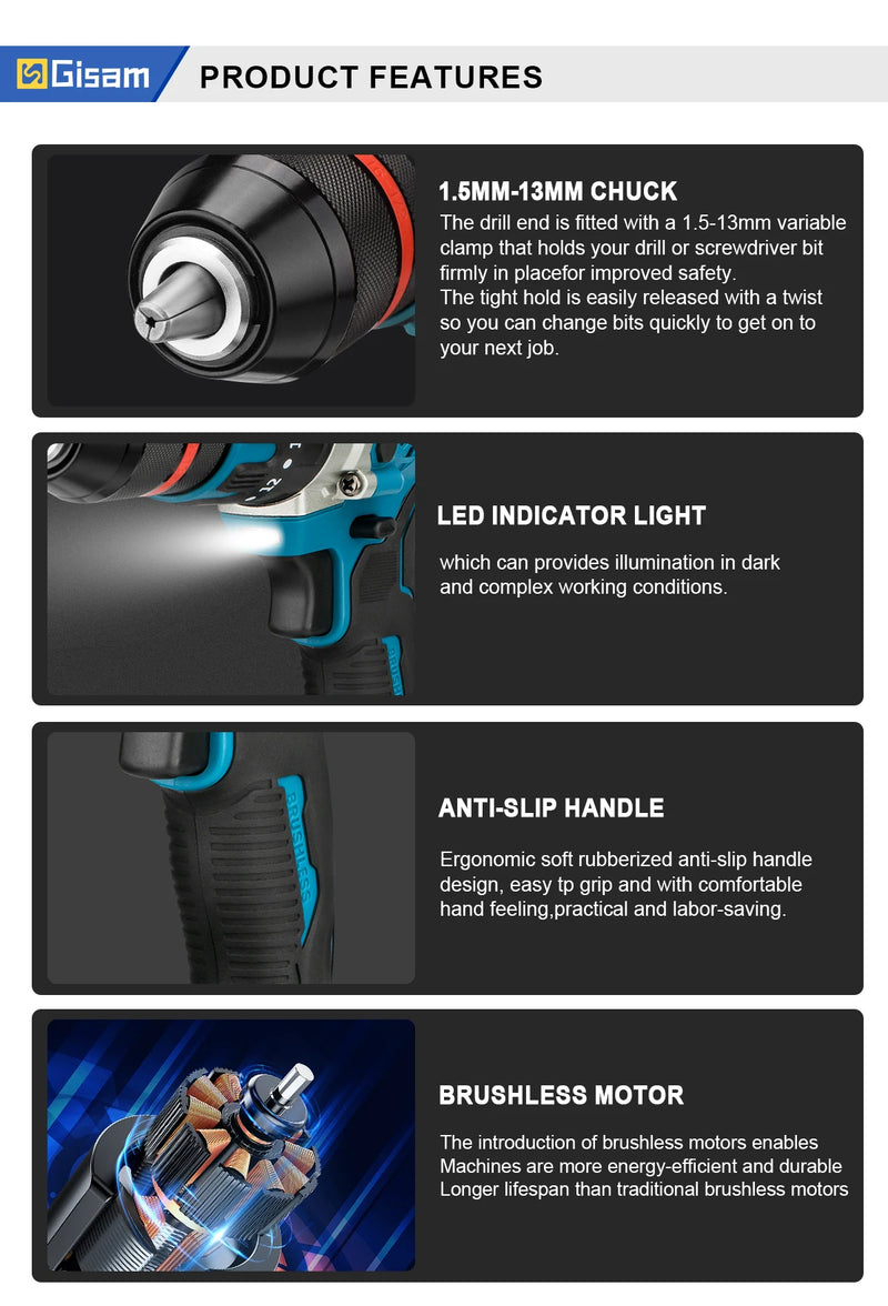 480N.M Brushless Electric Impact Drill Cordless Drill 13mm Electric Screwdriver DIY Driver Power Tool for Makita 18V Battery Pin