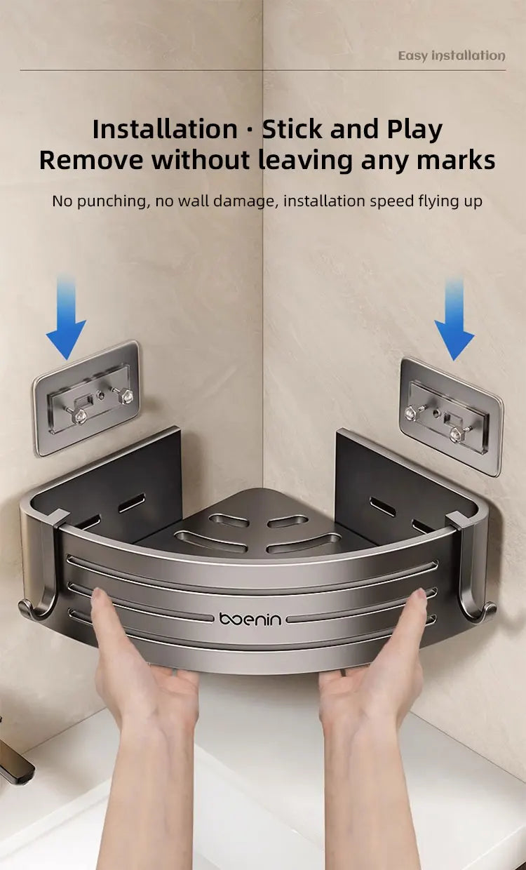 No Drill Bathroom Corner Shelf Wall Mounted Shower Corner Shelves with Hook Towel Bar Space Aluminum Bathroom Organizer Rack
