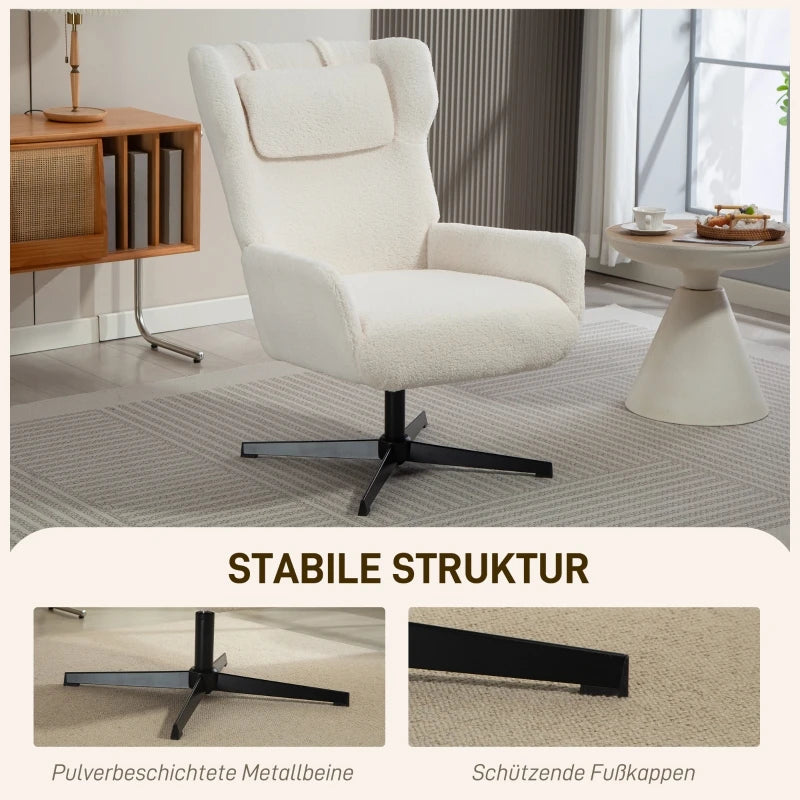 Accent chair, upholstered armchair with fleece cover, swivel base, metal frame, cream white