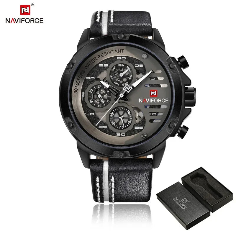 NAVIFORCE Men Watch Sport Man Wristwatch Top Brand Luxury Gold Military Date Week Genuine Leather Quartz Male Clock Gift 9110