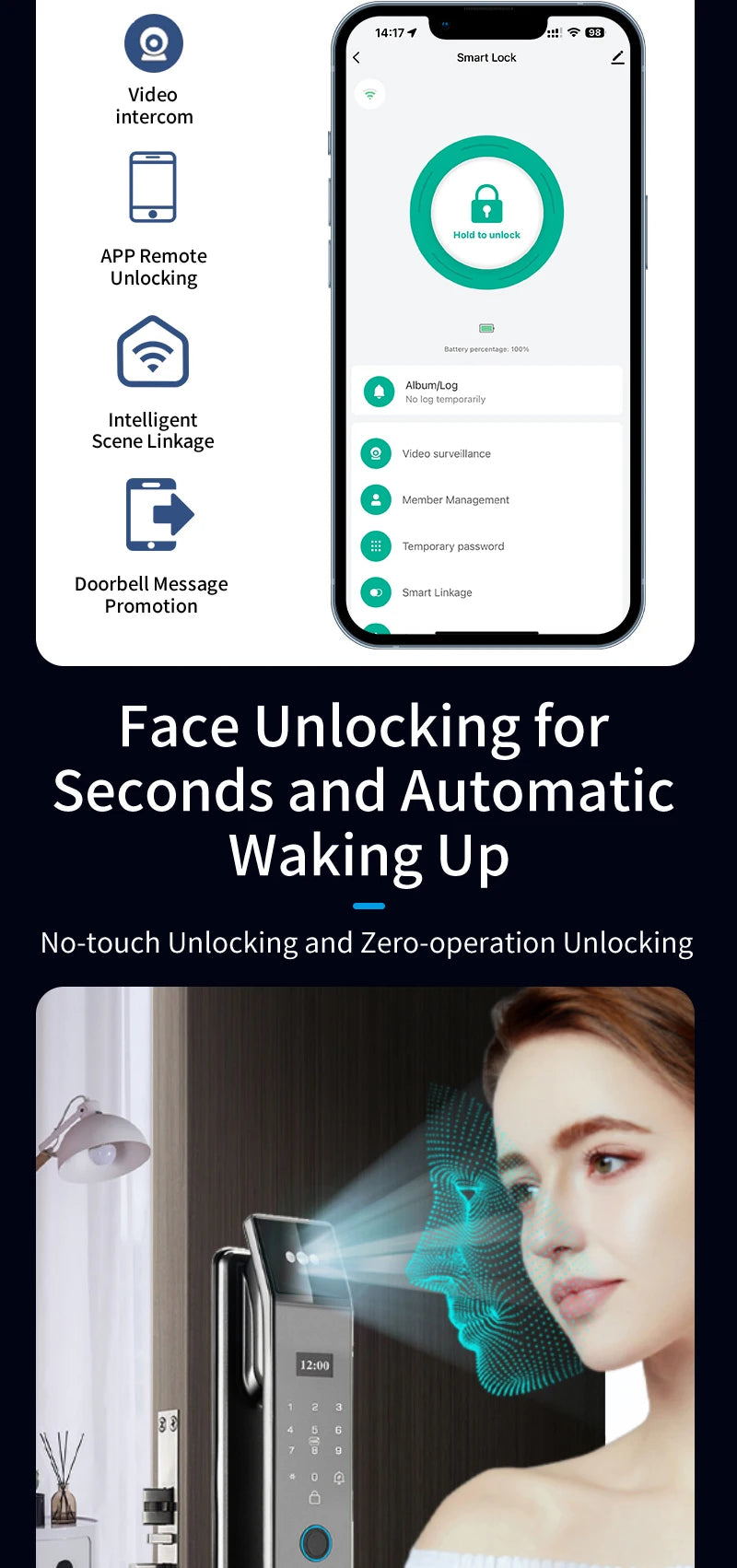 XSDTS Wifi Tuya APP Face Recognition Smart Door Lock With Camera Video Call Voice Intercom Digital Door Lock Automatic Door Lock