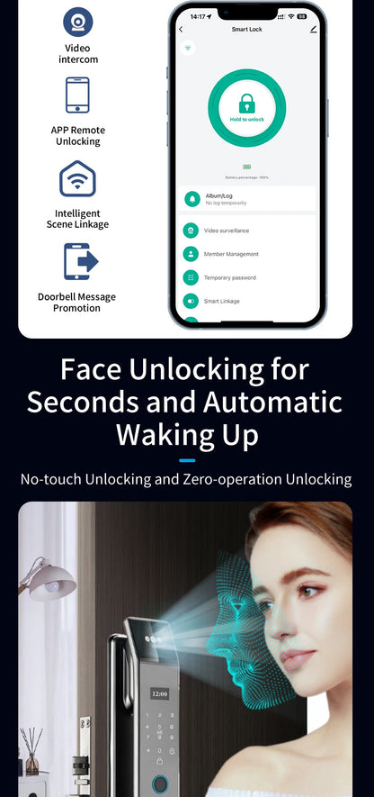 XSDTS Wifi Tuya APP Face Recognition Smart Door Lock With Camera Video Call Voice Intercom Digital Door Lock Automatic Door Lock