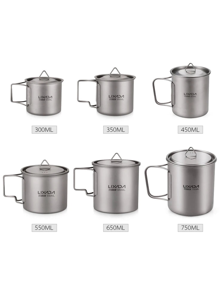 Taza de agua ultraligera de titanio Lixada con asa plegable, portátil para exteriores, camping, picnic, 300 ml/350 ml/550 ml/650 ml