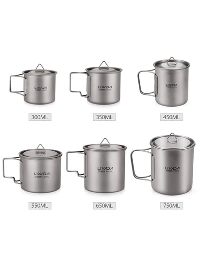 Taza de agua ultraligera de titanio Lixada con asa plegable, portátil para exteriores, camping, picnic, 300 ml/350 ml/550 ml/650 ml