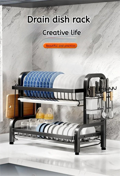 25NEW Dish Drying Rack 2-Tier Compact Kitchen Dish Rack Drainboard Set Large Rust-Proof Dish Drainer with Utensil Holder