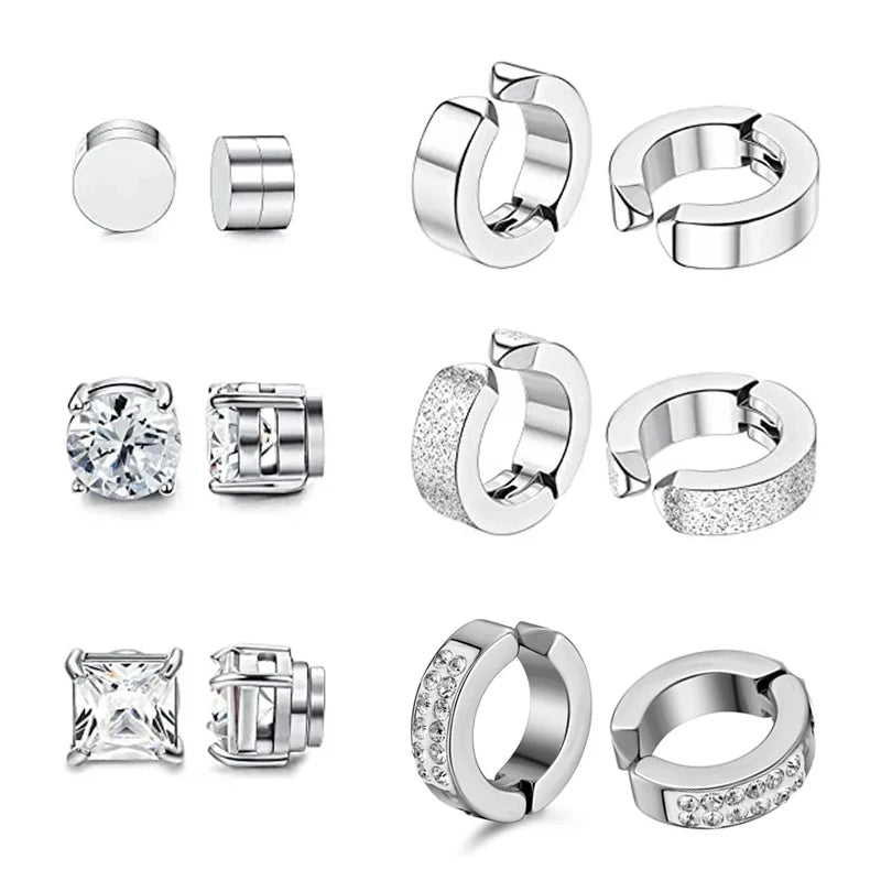 1 par/6 pares de brincos magnéticos de aço inoxidável para homens e mulheres, brincos de argola com clipe em aço sem piercing CZ para todas as idades