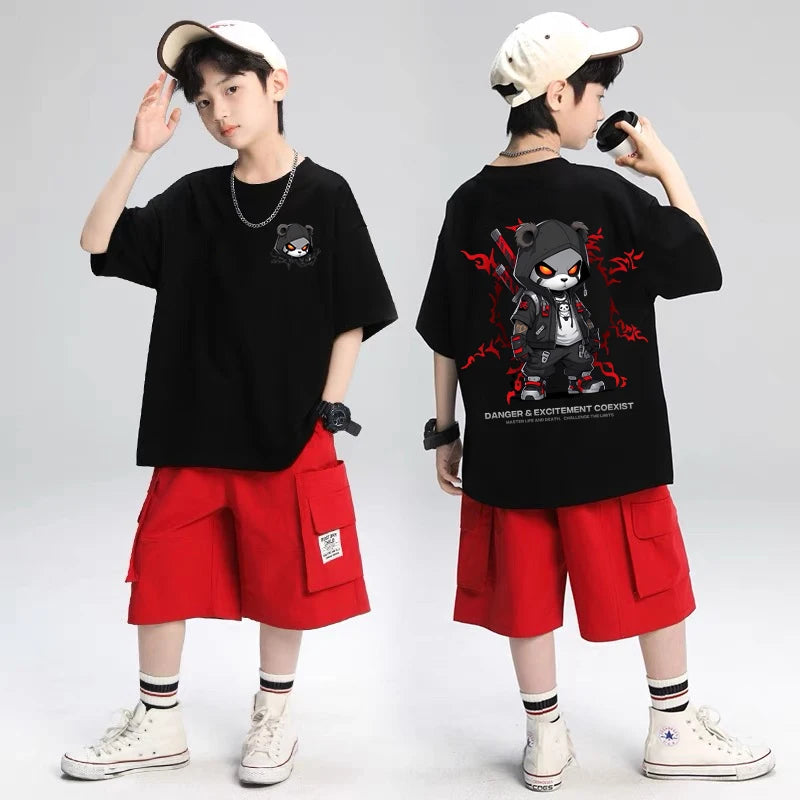 2025 Children's Clothing American Vintage Bear Print Graphic T Shirts Boys Summer Cotton Short-sleeved T-shirt Tops Streetwear
