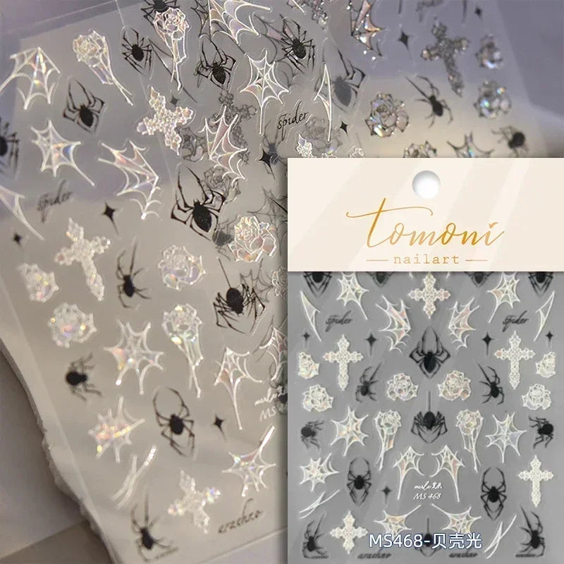 1 piece 5D Spider Web Nail Sticker Cross Silver White Black Glitter Transparent Rhinestone Rose Self-Adhesive Nail Art Sticker