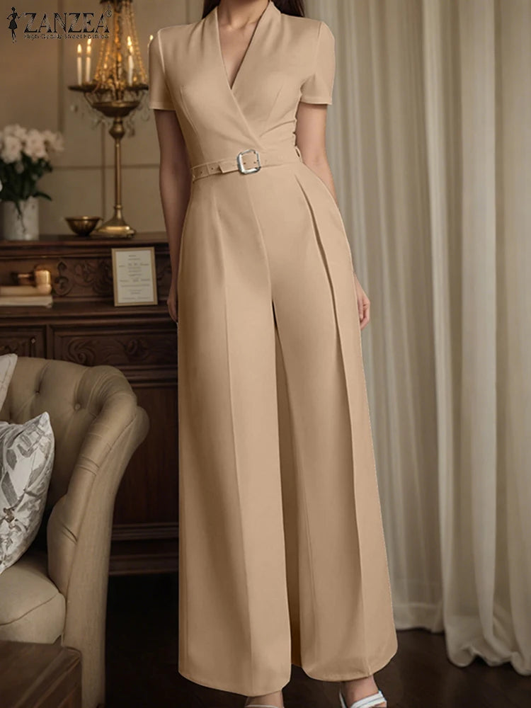ZANZEA Street Fashion High Waist Jumpsuits Women Workwear Belt Rompers Solid Deep V Neck Elegant Office Lady Long Overalls