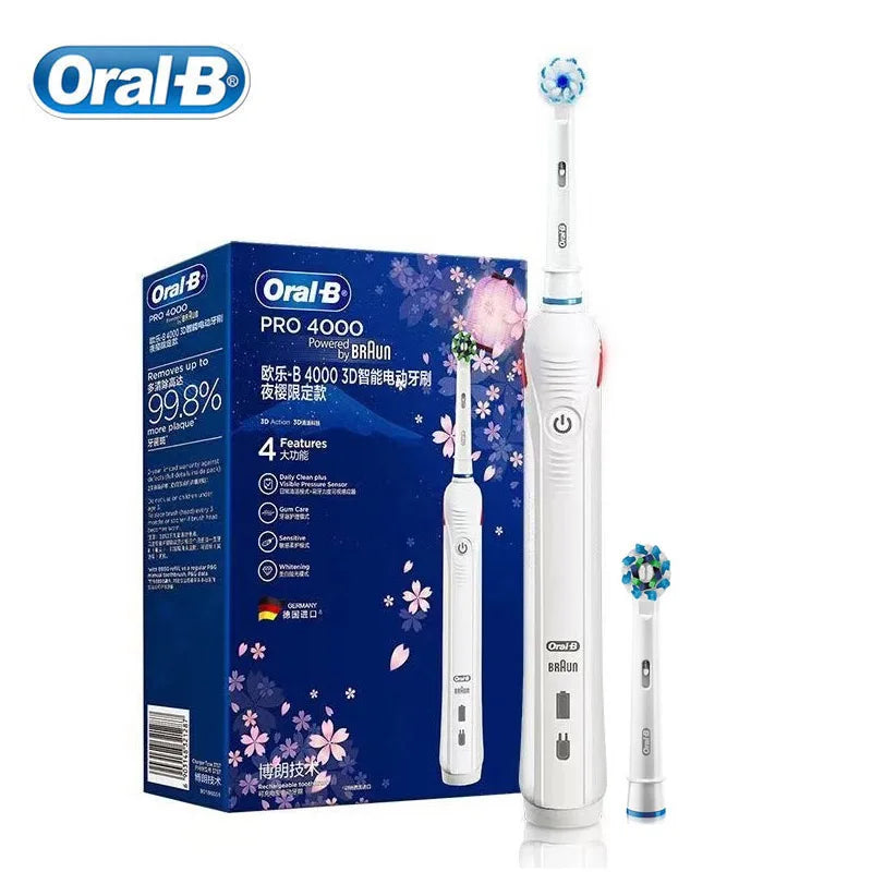 Cepillo de dientes eléctrico Oral B Pro4000 3D Action Clean, 4 modos, sensor de presión visible, dientes más blancos, recargable para adultos.