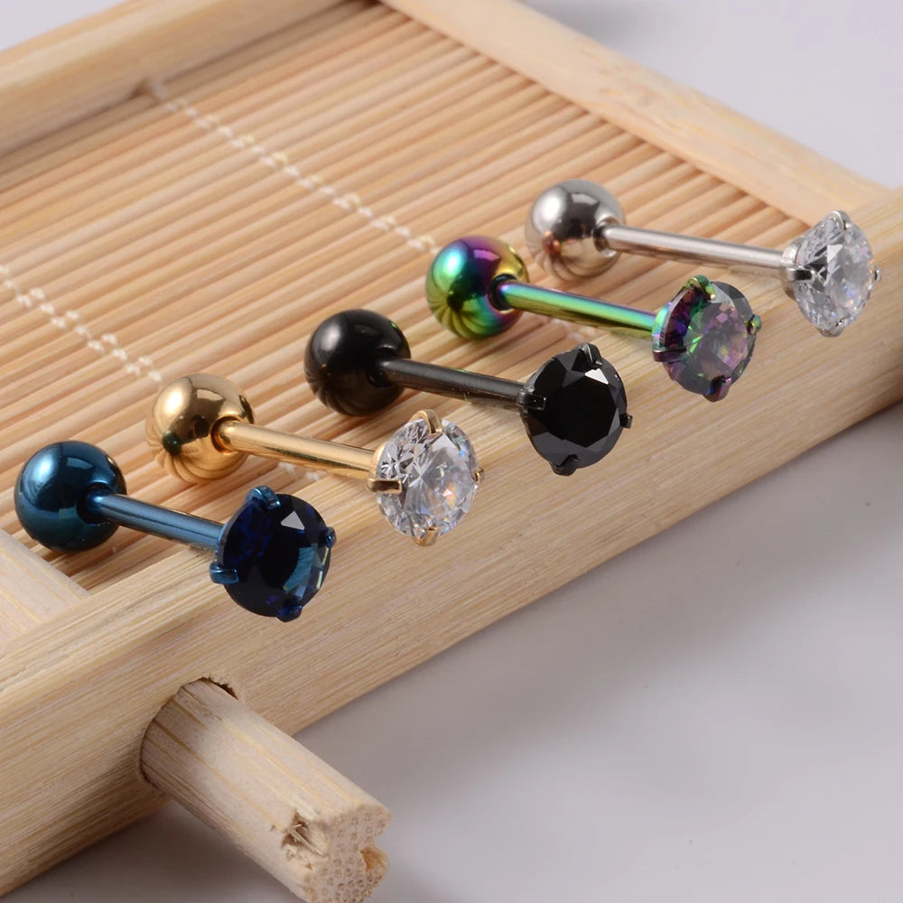 2 piercings de lengua de acero quirúrgico antialérgicos con circonitas y bola, joyería de moda.