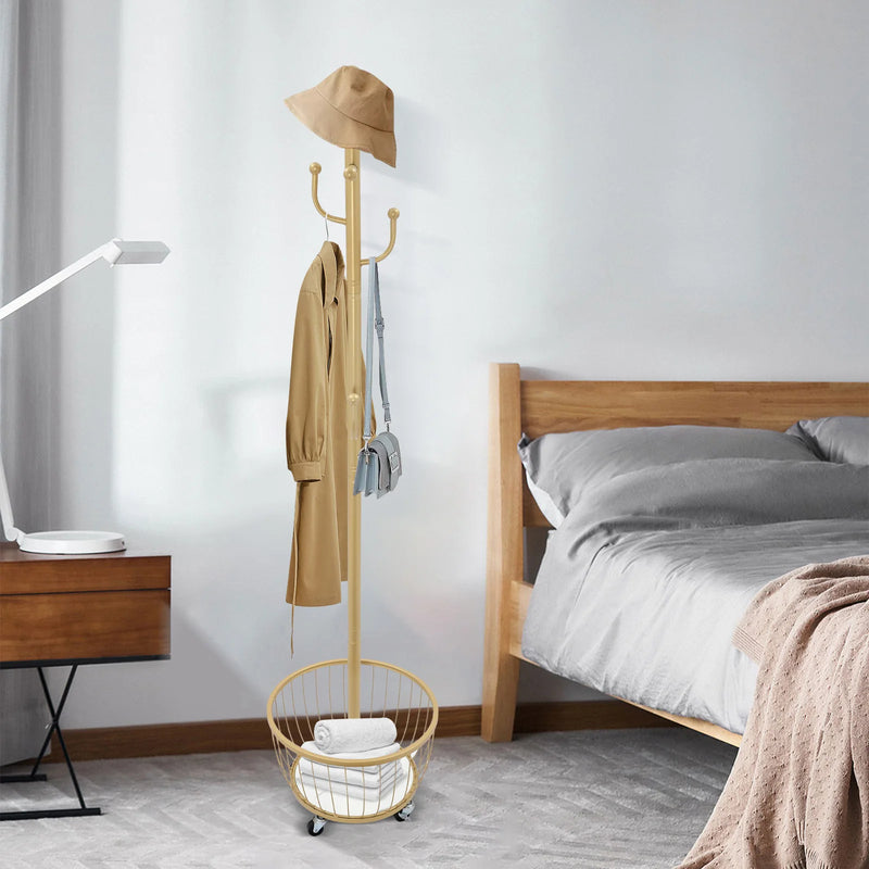 Perchero organizador de pie para abrigos y sombreros con rueda móvil, perchero para entrada con cesta de almacenamiento, herramientas elegantes para el hogar