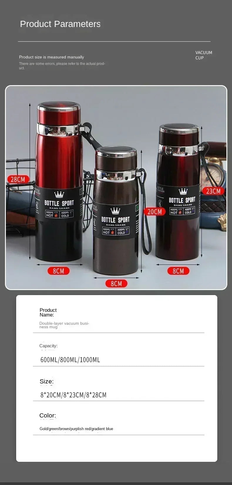 1L Thermal Water Bottle Keep Cold and Hot Water Bottle Thermos for Coffee Tea Vacuum Flasks Stainless Steel Thermos Bottle