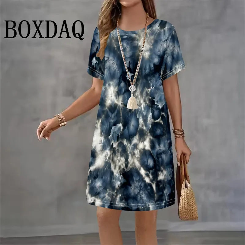 Tie Dye Abstract Print Dresses For Women 2025 Summer Dress Plus Size Casual Short Sleeve Loose Mini Dress 9XL Big Size Clothing