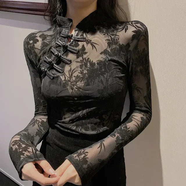 2024 Fashion Lace See Through Shirts and Blouses Summer Woman Long Sleeve Slim Korean Turtleneck Black Sexy Tops for Women Y2K 