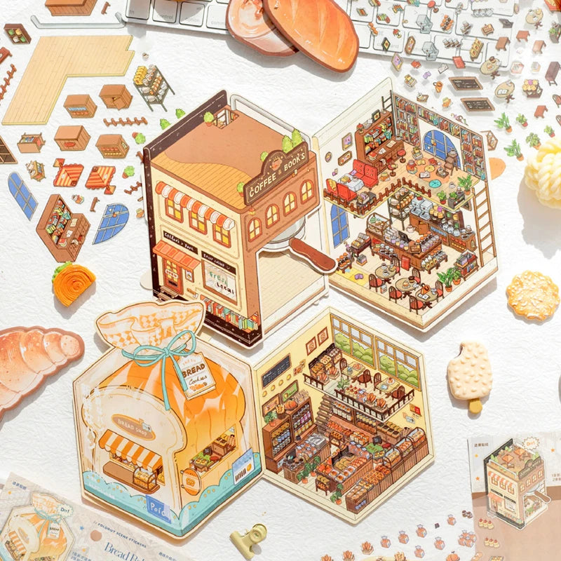 Mr. Paper 6Pcs/bag miniature store series folding scenic stickers visual stacking stickers stationery for DIY Journal, Scrapbook