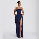 Sexy Solid Pleated Strapless Dress Lady Chic Off-shoulder Backless High Waist Split Dresses Women 2026 New Evening Party Gown