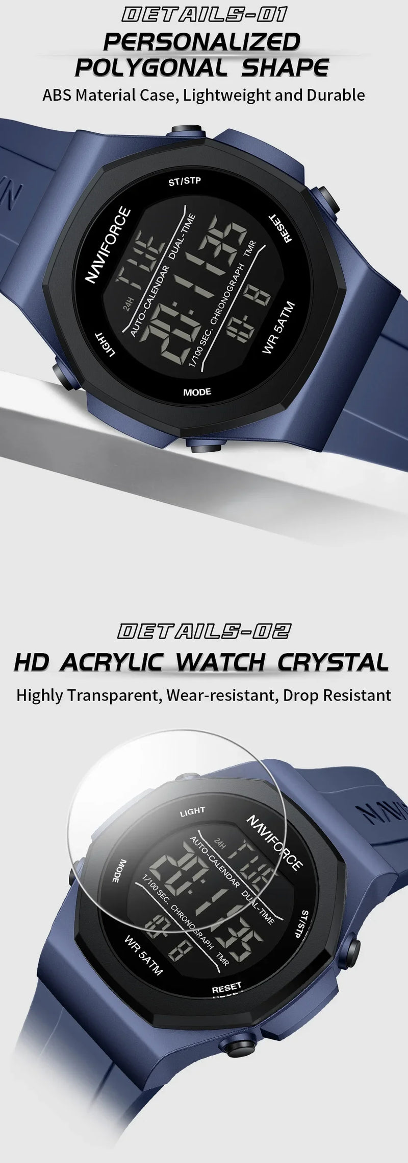 NAVIFORCE NF7117 Sports Watch for Men 5ATM Waterproof Multifunction Electronic Watch Men's LCD Digital Wristwatch