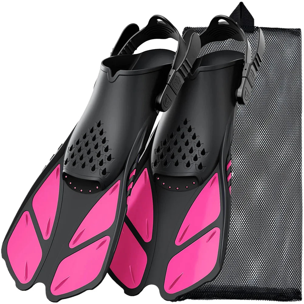 Snorkel Fins Adjustable Buckles Swimming Flippers Short Silicone Scuba Diving Shoes Open Heel Travel Size Adult Men Women