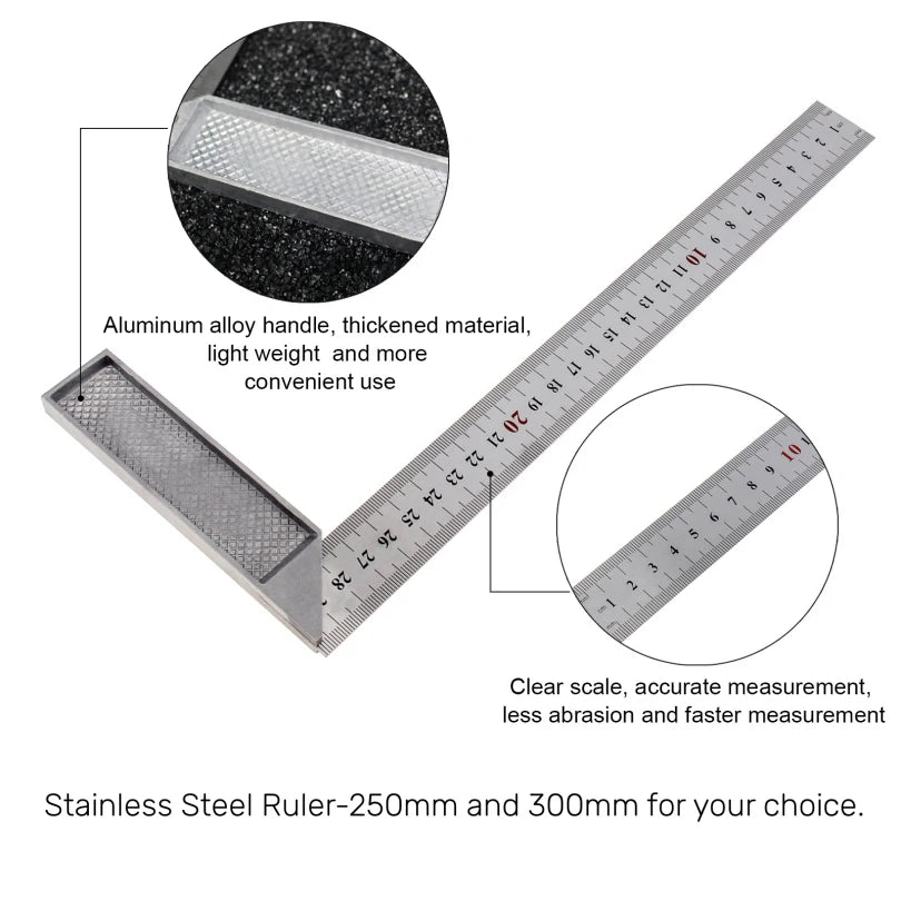 Stainless Steel 250mm/300mm Aluminum Alloy Square Ruler Right Angle Measuring Rule Tool Angle Square Ruler 90 Thickened Handle