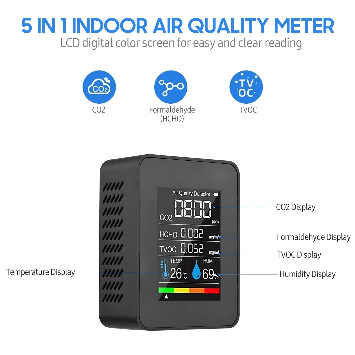 5 in 1 Digital Air Quality Monitor CO2 HCHO TVOC Humidity and Temperature Monitor CO2 Tester LCD Rechargeable
