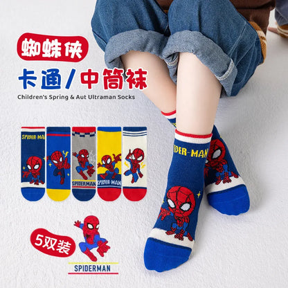 5 Pairs Marvel Kids Socks Spider-Man Kawaii New Fall Winter Cartoon Boy Children Mid-calf Socks Cotton Sock for Boys Gifts