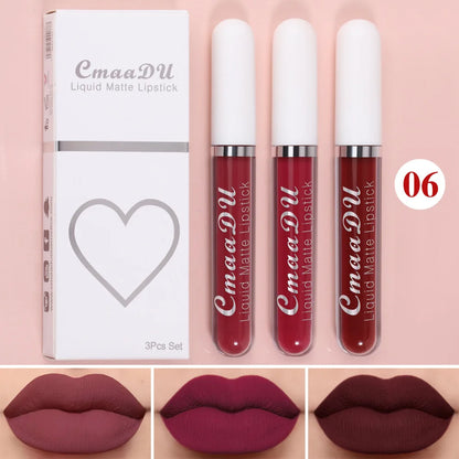Juego de 3 brillos labiales de terciopelo mate, resistentes al agua, de larga duración, líquidos, cosméticos, maquillaje que dura 24 horas.