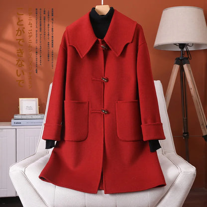 2025 Fashion Large Lapel Horn Button Women's Coat Autumn and Winter New Double-Sided Woolen 100%Pure Wool Warm Coat Large Pocket