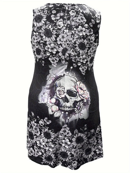 Vestido com estampa com cabeça de caveira feminino, laço curto, fivela, verão, moda, casual, tamanhos grandes, moda