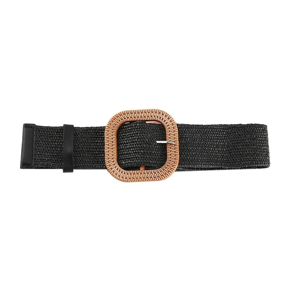 Summer Fashion Women Straw Belt Casual Bohemian Wide Summer Braided Waistbelt  Buckle Elastic Female Straw Waist Belt