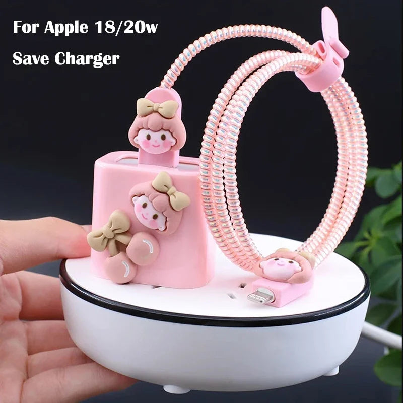 New Cable Protector For iPhone 15 14 13 12 18W/20W Charger Cute Pink Girl Design Protection Cover Data Line Winder Protective