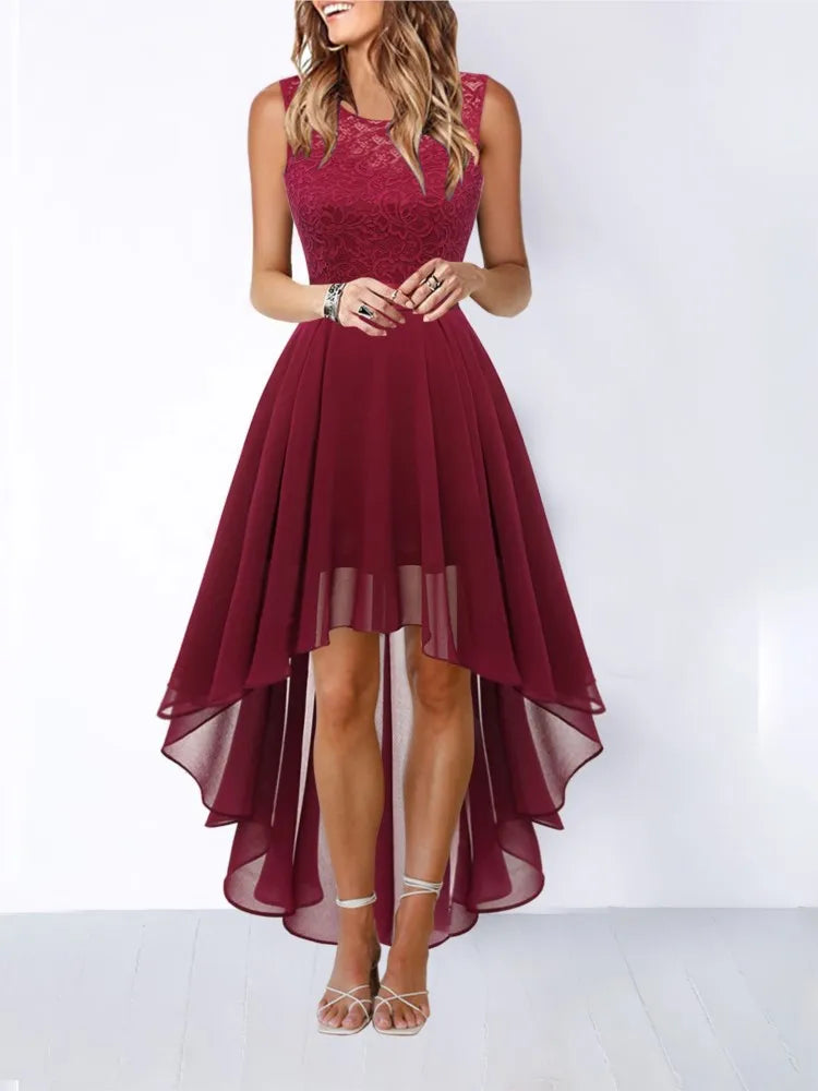 Hollow-outch Chiffon Dress Dinner Lace Dress Women's Elegant Temperament British Style High-waisted Sleeveless Round-neck Dress