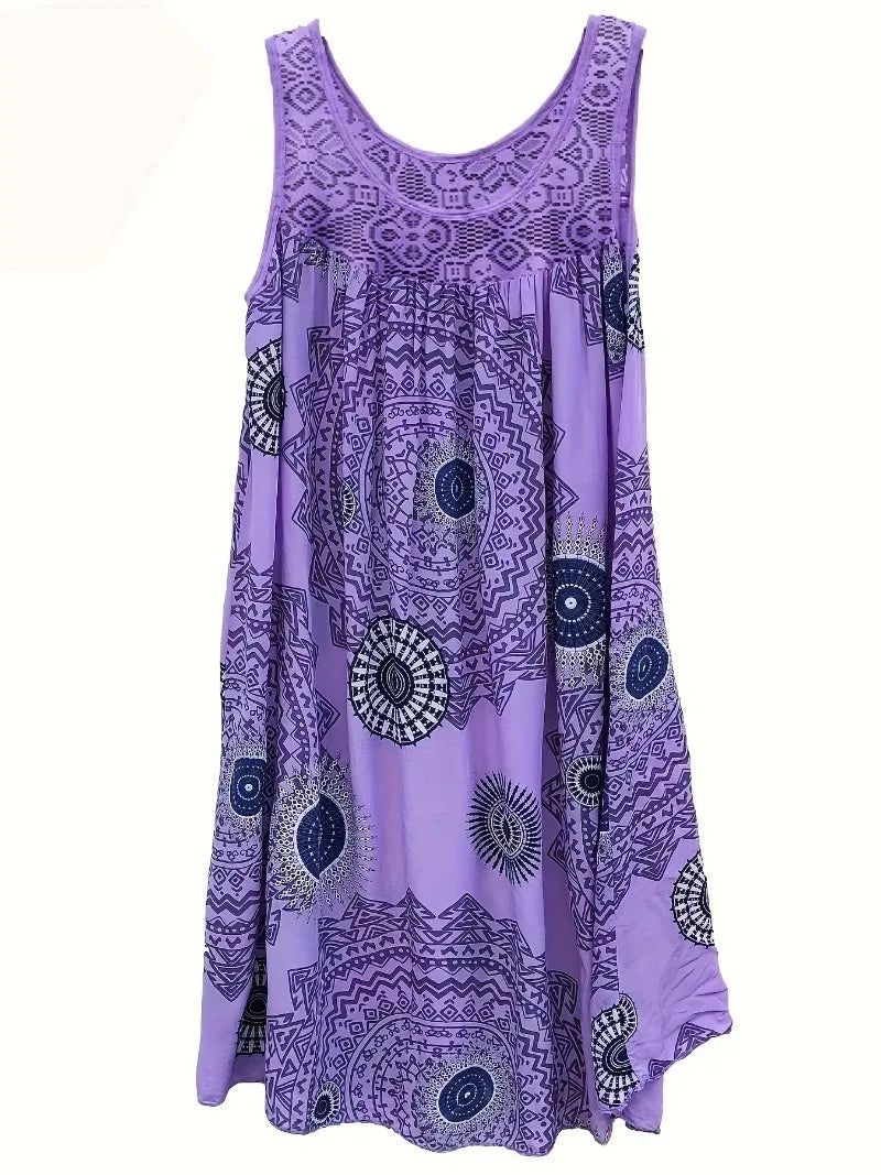 Vestido sin mangas para mujer, talla grande 1XL-8XL, estampado de paneles de encaje, sin mangas, dobladillo grande