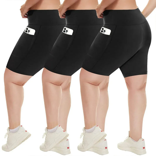 Women's plus size black shorts, stylish and stretchy yoga pants, mid-length leggings, perfect for outdoor activities and fitness