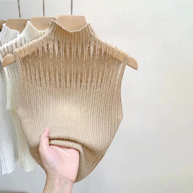 Women's Korean Knitted Half High Neck Vest Summer Sleeveless Solid Color Thin Tank Top 