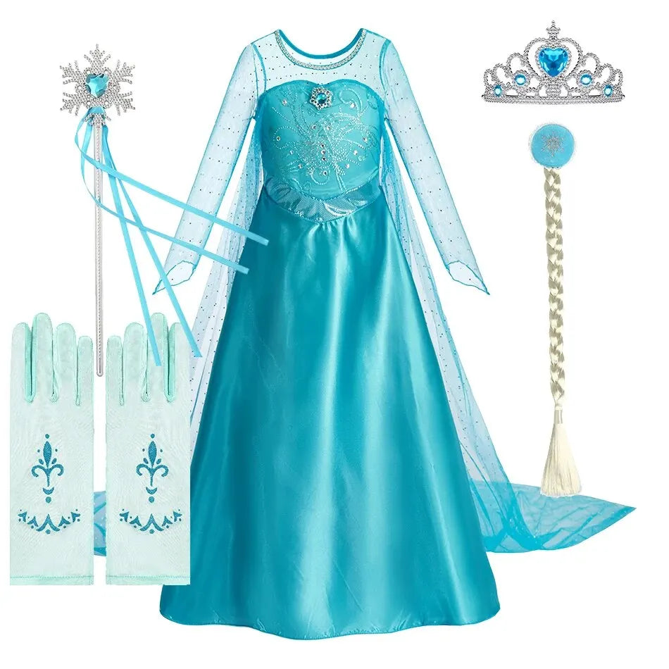 Vestido da Elsa para Halloween – Fantasia de Princesa e Capa Longa para Meninas (Roupa de Carnaval / Rainha da Neve)