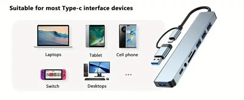 8 In 2 USB HUB With Splitter Card Reader, USB C Port, USB 3.0 / 2.0, SD/TF Splitter Card Reader, Docking Station