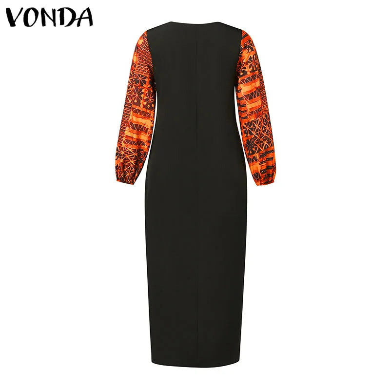 Plus Size 5XL VONDA Bohemian Summer Women Long Dress Printed Sundress Fashion Puff Sleeve V Neek Loose Casual Vestidos Robe