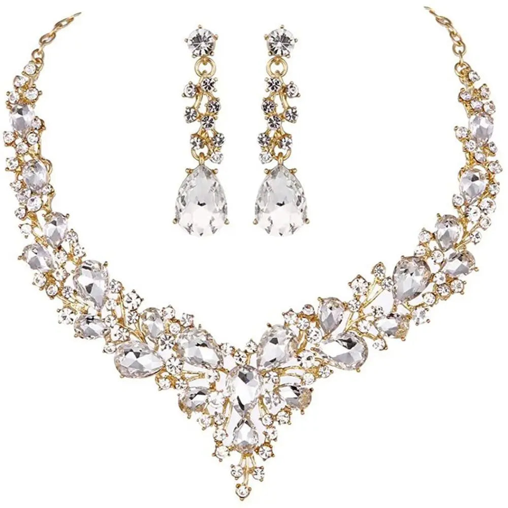 1 Set Women Jewelry Party Wedding Bridal Austrian Crystal Teardrop Cluster Statement Necklace Dangle Earrings Gifts For Her
