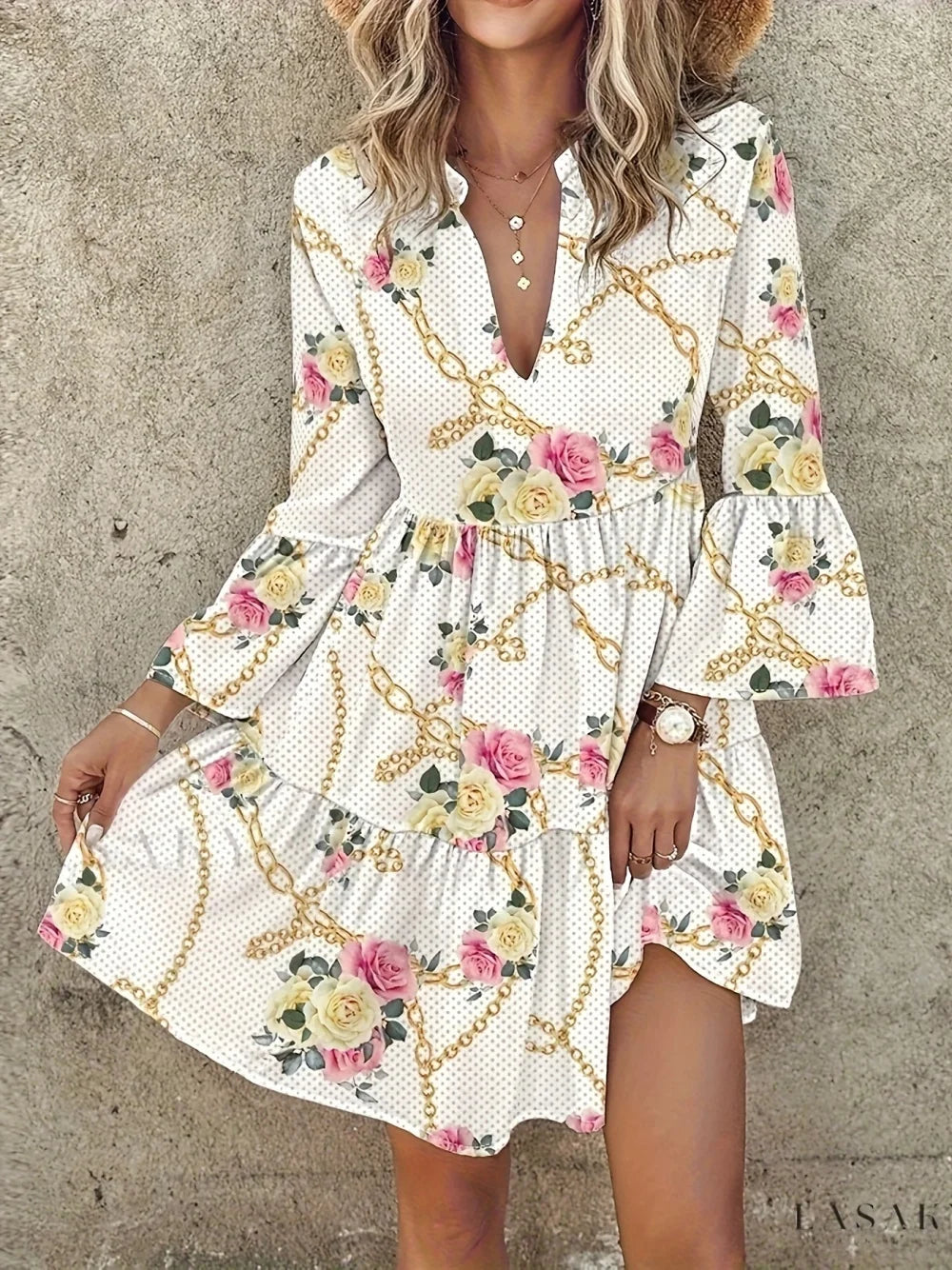 Vestido boho plus size, feminino plus allover estampa floral manga curta gola redonda vestido franzido médio elástico