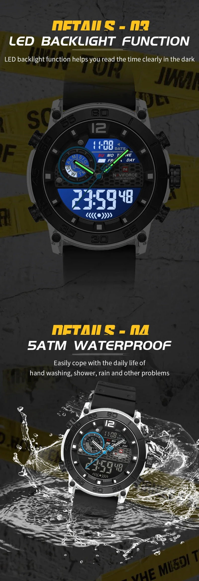 NAVIFORCE NF6104  Men's Lightweight Sports Wrist Watch Dual Display Time Night Light Watches Boy's Quartz  Stopwatch