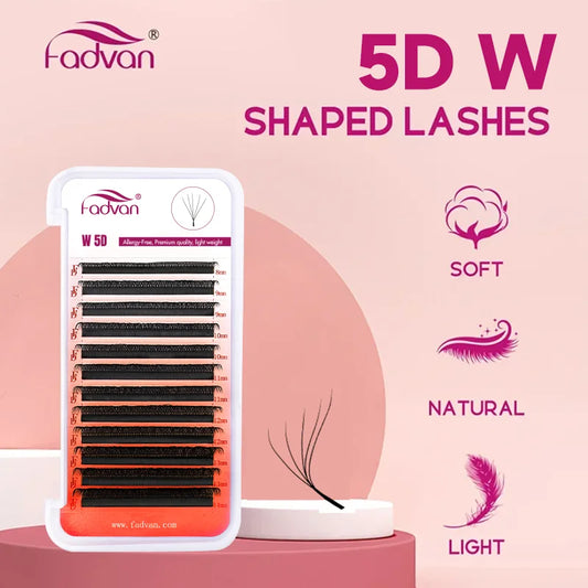 Extensiones de pestañas postizas Fadvan Light 5D con forma de W de 0,07 mm de diámetro, rizadas, con degradado de visón sintético, prefabricadas, con volumen en abanico. 