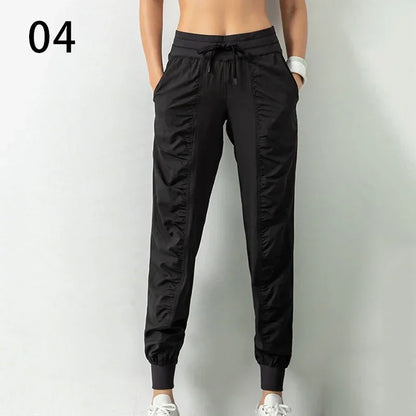 Sweatpants Fabric Drawstring Running Sport Joggers Women Quick Dry Athletic Gym Fitness with Two Side Pockets Exercise Pants