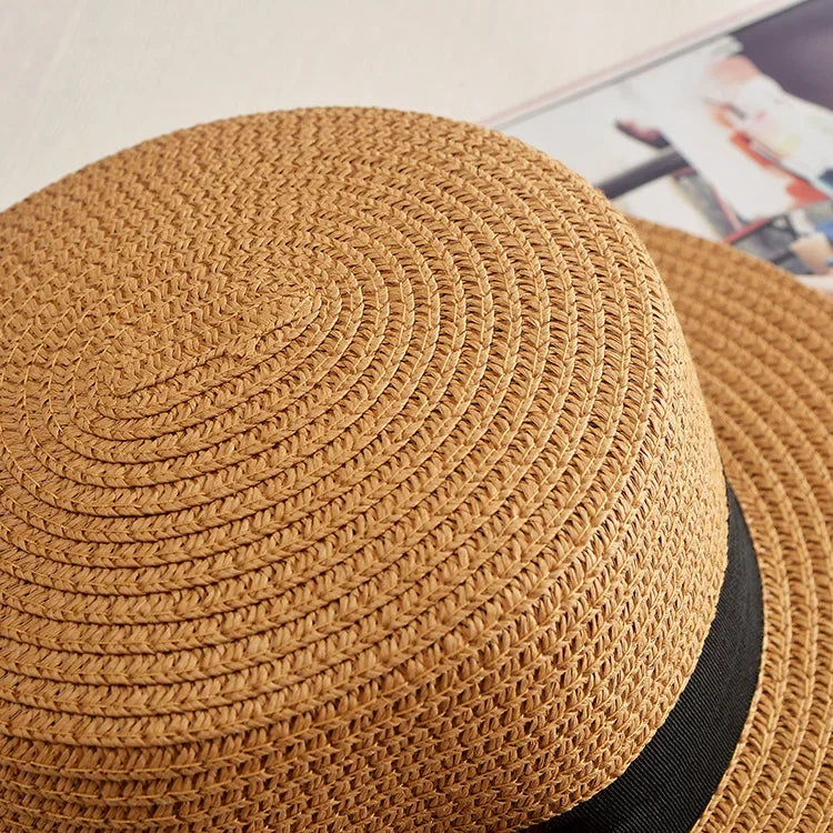 COKPanama Simple Summer Beach Sun Protection Bowknot French-Style Small Hat, Women's Casual Flat-Brimmed Straw Hat with Bow