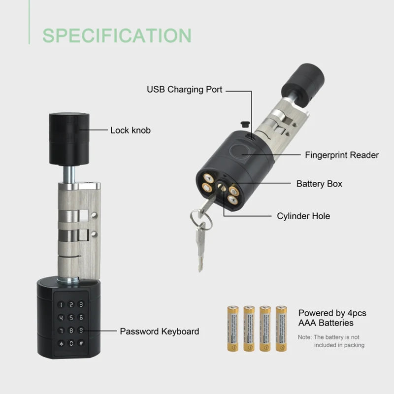 Tuya APP Fingerprint Cylinder Electronic Smart Door Lock Digital Keypad Code Key Card Remote Control Adjustable Home Apartment
