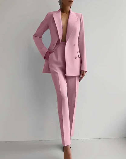 Conjunto de 2 piezas de ropa para mujer, chaqueta blazer de manga larga de color liso, pantalones largos de cintura alta, traje de verano, moda de oficina