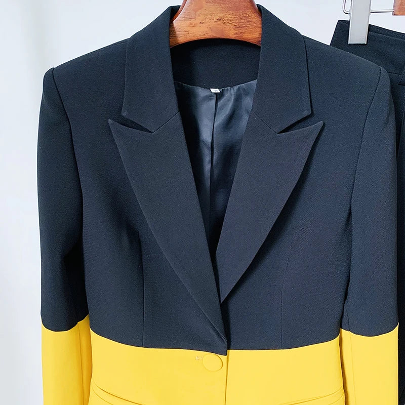 HIGH QUALITY Newest 2025 Star Style Fashion Designer Runway Suit Set Women's Single Button Color Block Blazer Flare Pants Suit