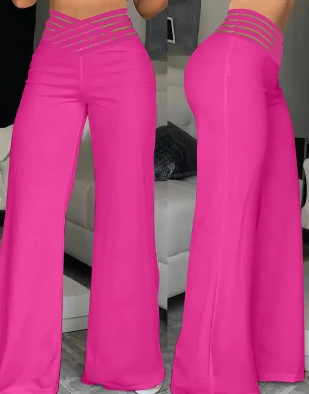 Fashion Office Ladies Trousers Elegant Crisscross Sheer Mesh Patch Casual High Waist Flared Pants for Women Clothes 2023 Summer